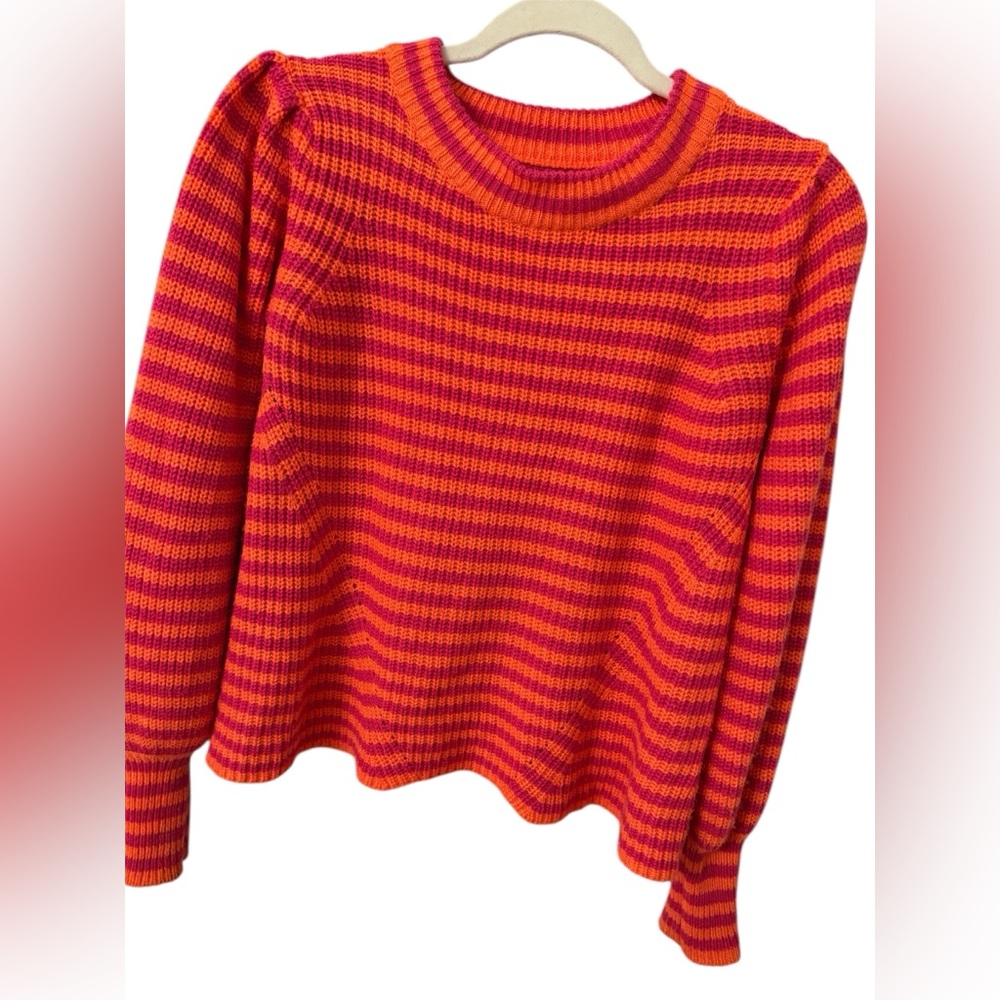 Fever Sweater Orange Pink Striped Knit Sweater XS Crewneck Puff Sleeve